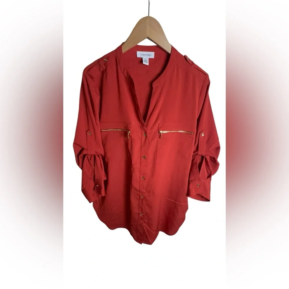 Calvin Klein Button-Up Red/Orange Blouse –‎ Size L